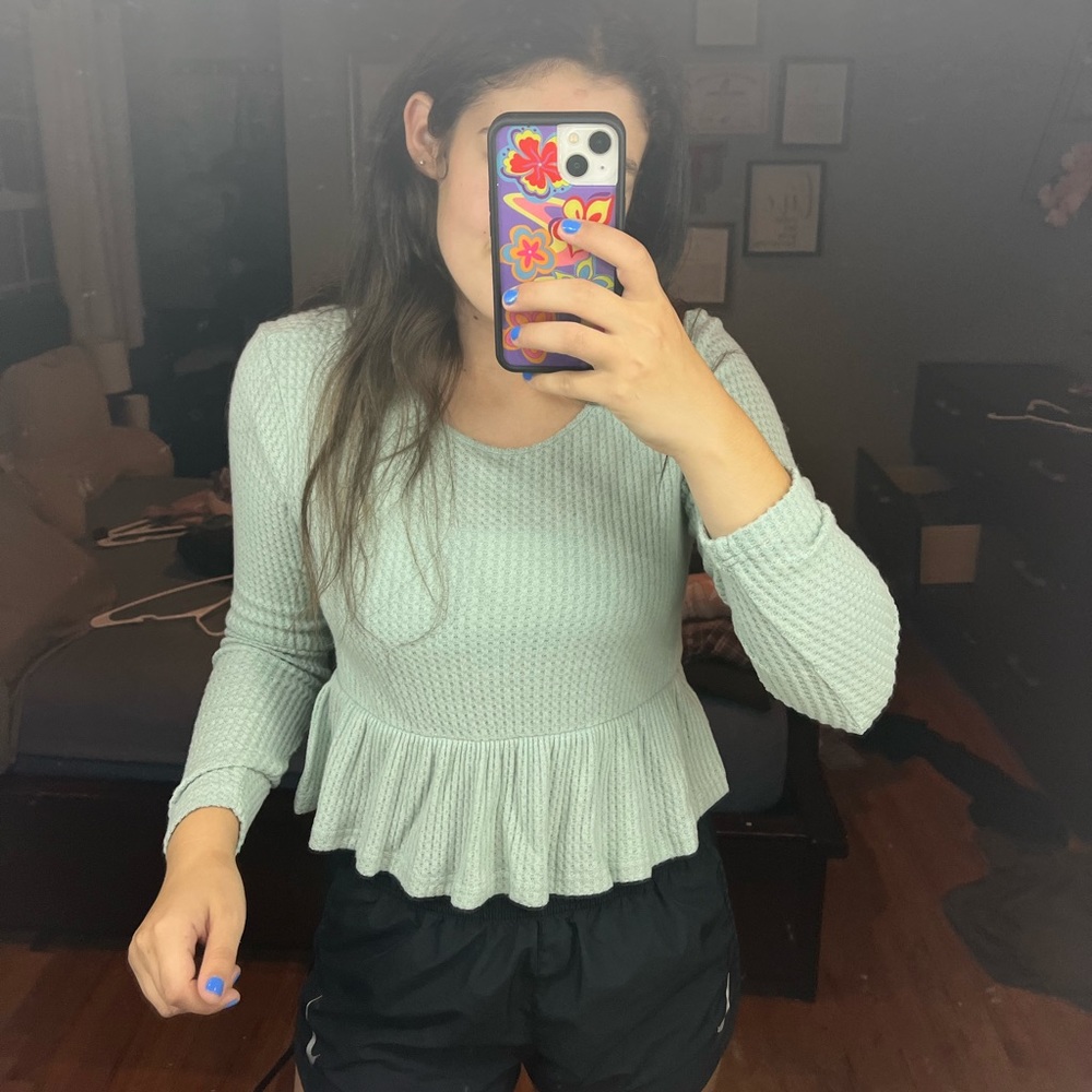 Waffle Knit Cropped Babydoll Longsleeve